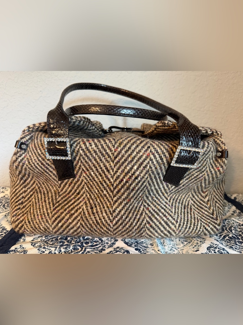 Rare Vintage Kate Spade Nottingham Tweed Herringbone Satchel Wool Leather Bag
